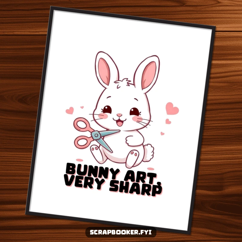 Funny bunny poster showcasing a happy bunny using scissors to cut decorative paper, adding artistic humor.