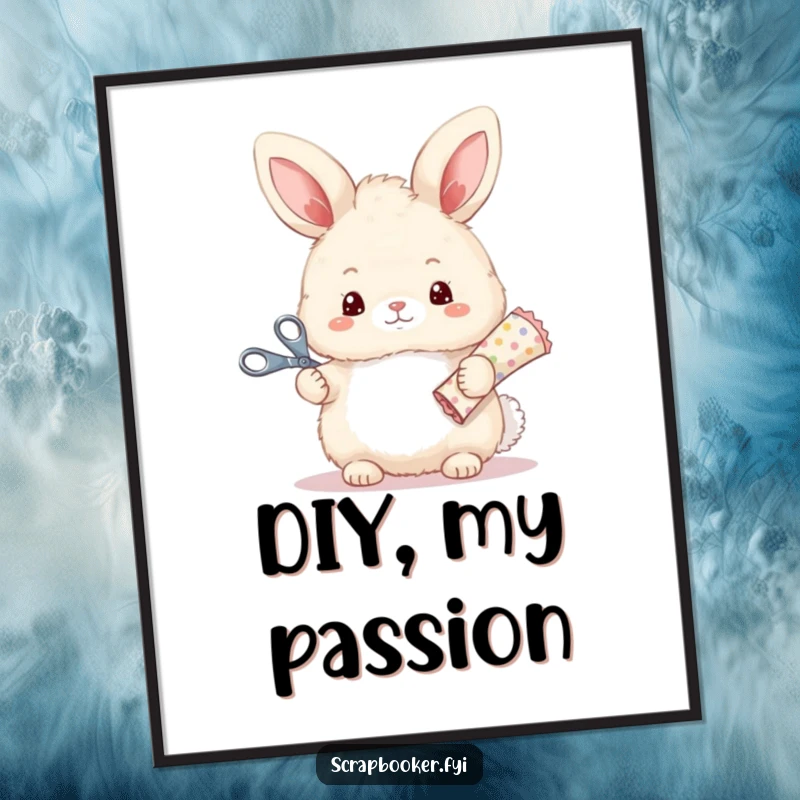 Funny poster art of a fluffy bunny holding crafting scissors and patterned paper, ideal for a craft room.