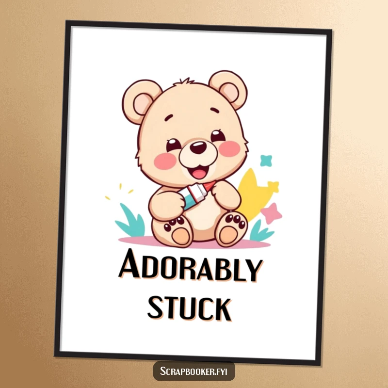 Funny poster art of a smiling bear cub with a glue stick and a colorful paper cut-out, celebrating creativity.