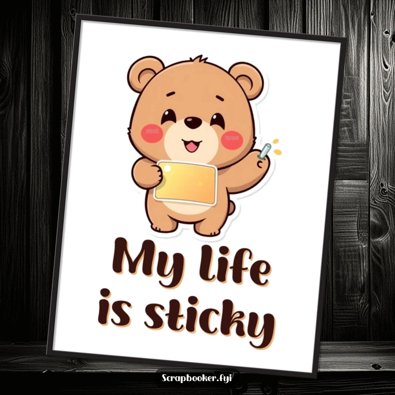 Funny poster of a cheerful bear carefully gluing a shiny sticker into place, creating a vibrant and charming art piece.