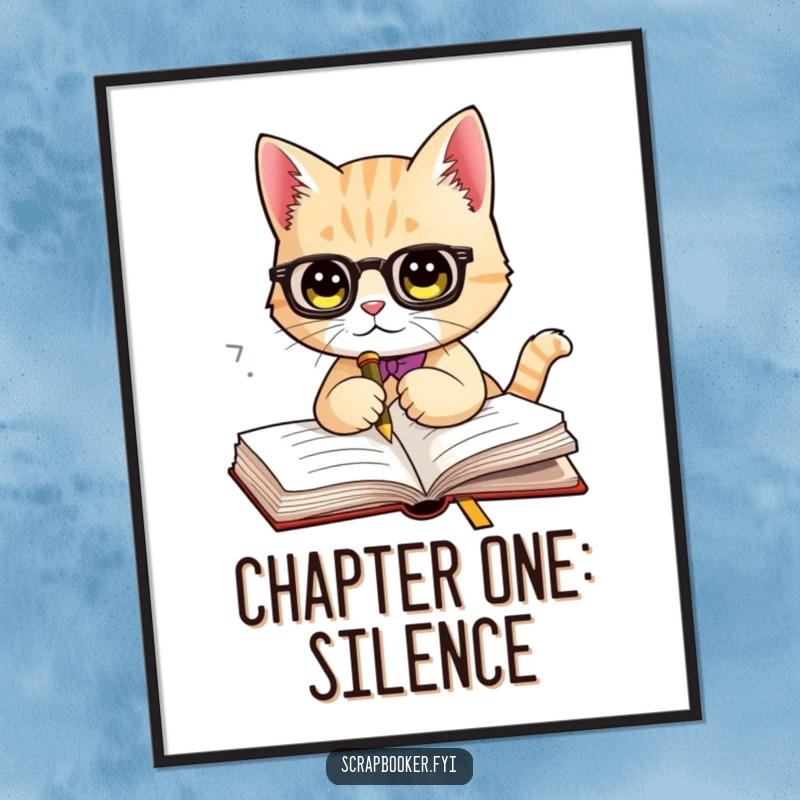 Funny poster art of a distinguished cat meticulously placing a fancy bookmark in a book, celebrating the quiet joy of literature.