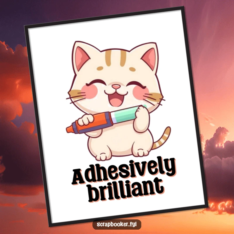 Funny Cat Poster: A smiling, happy cat intently using a glue stick to create art, bringing humor and cuteness to wall decor.