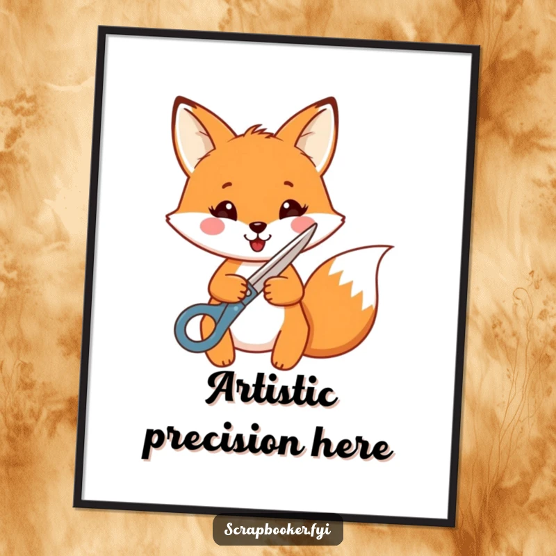 Funny Fox Poster: A cheerful fox gleefully cuts a shape with decorative scissors, bringing artistic joy to wall decor.