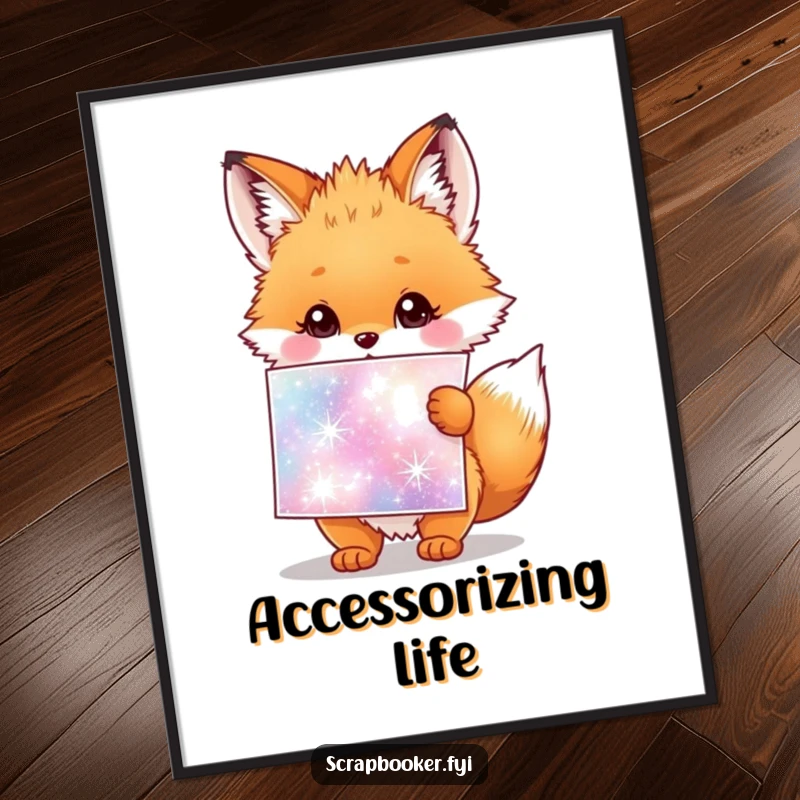 Funny poster artwork of a fluffy fox cub holding a giant sparkly sticker sheet, exuding pure delight.
