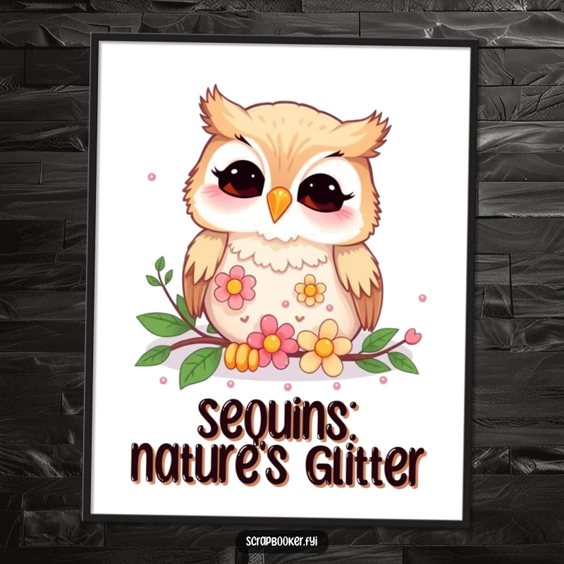 Funny giggling owl meticulously arranging tiny flower sequins, creating a whimsical and hilarious piece of art.