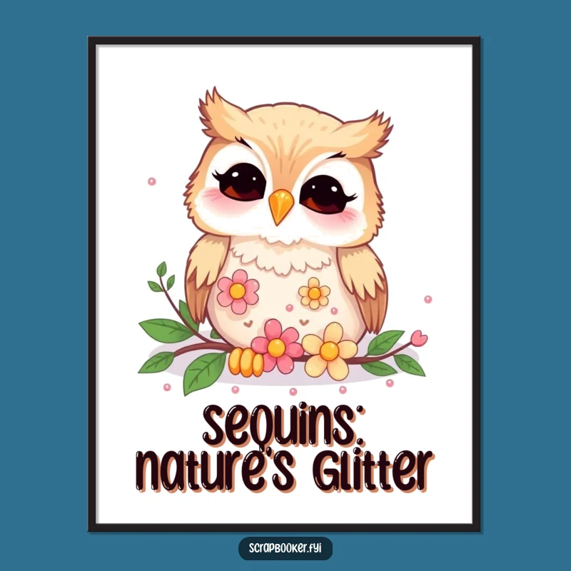 Funny Giggling Owl Flower Sequins Poster - Whimsical Wall Art