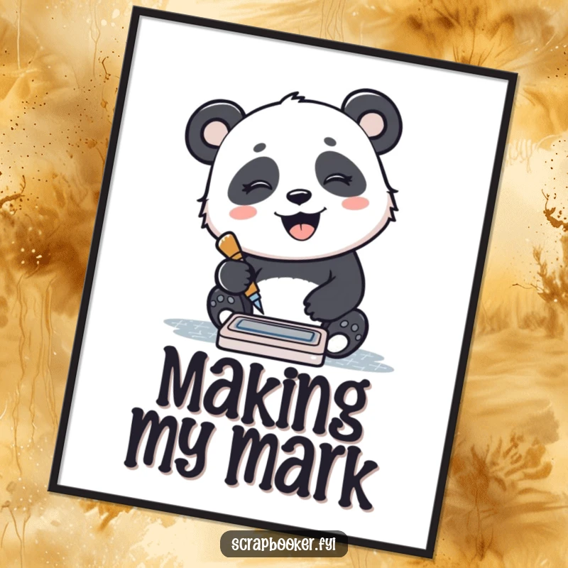Funny poster artwork of a giggling panda joyfully stamping a pattern with an ink pad, perfect for cheerful decor.