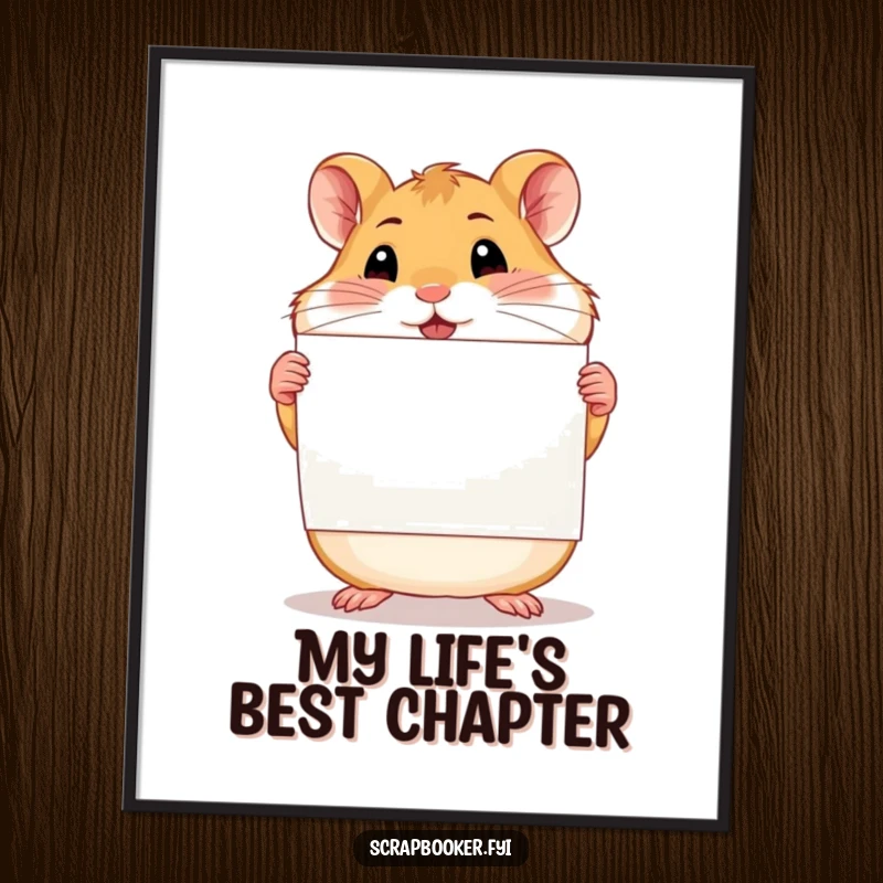 Funny proud hamster proudly displaying a finished scrapbook page on a whimsical wall art poster.