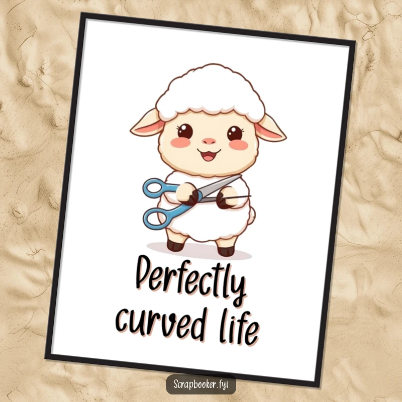Funny poster of a content sheep smiling while precisely cutting a perfect curve with scissors, showcasing calm craftsmanship.