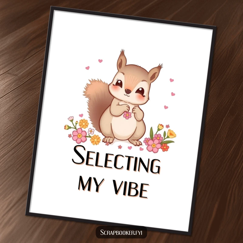 Funny poster of a curious squirrel carefully choosing decorative embellishments, celebrating meticulous taste and artistic vision.