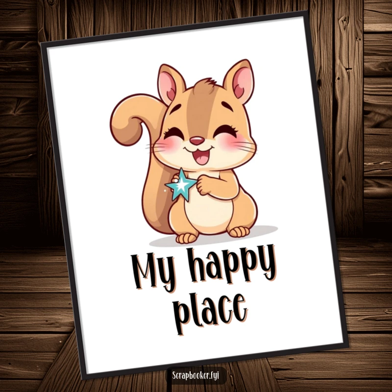 Funny Poster featuring a delighted squirrel smiling while gluing a sparkly sticker, celebrating crafting.