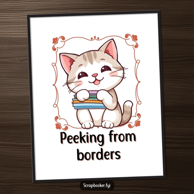 Funny poster art of a cheerful cat peeking from behind a decorative border, holding a stack of colorful stickers.