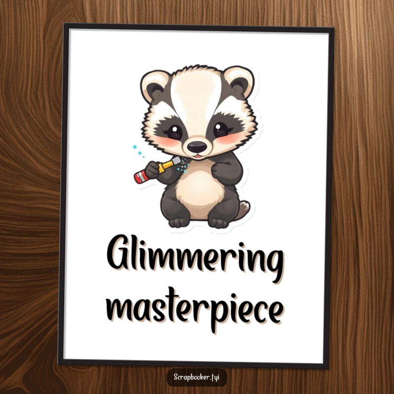 Funny poster showing a little badger carefully applying glitter to a finished design, ideal wall art.