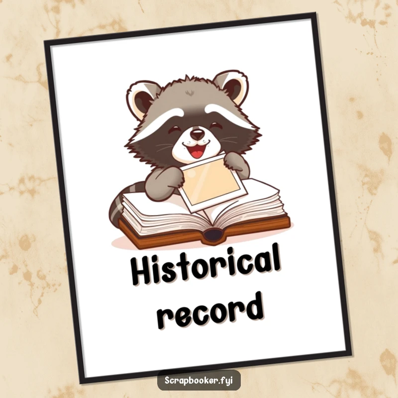 Funny Raccoon Poster featuring a delighted raccoon carefully pasting a photo into a book, adding artistic humor.