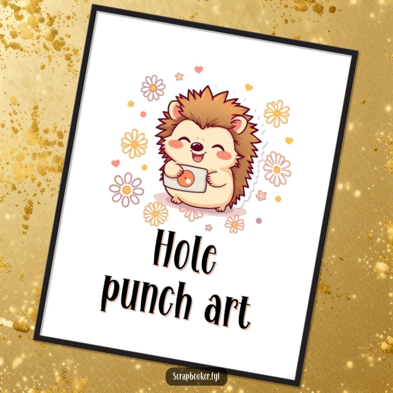 Funny poster showing a joyful hedgehog happily using a hole punch to create decorative patterns, ideal wall art.