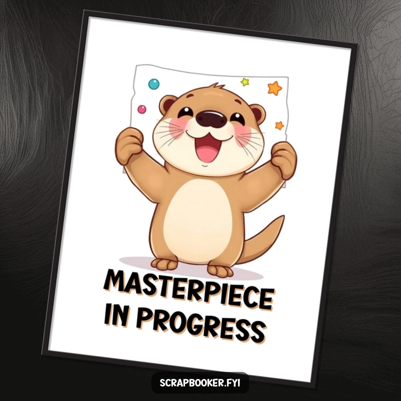 Funny poster of a joyful otter proudly holding up a finished decorated page, celebrating artistic creation.