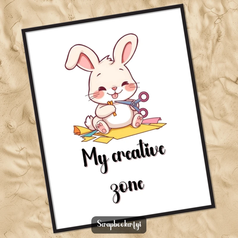 Funny Poster featuring a cheerful bunny meticulously cutting colorful paper, celebrating the joy of crafting.