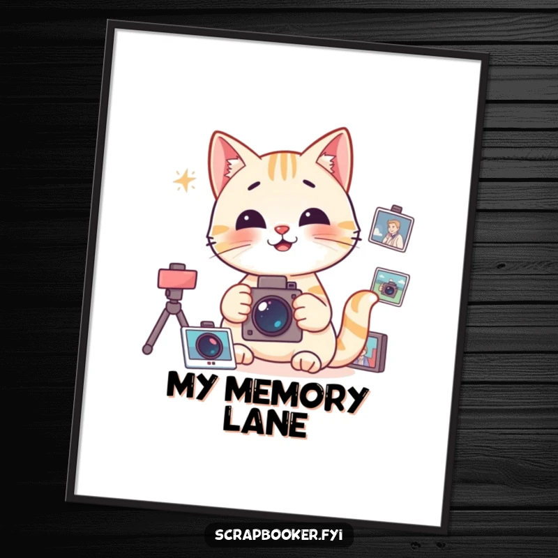 Funny Poster featuring a happy cat focused on organizing photographs, celebrating memories and order.