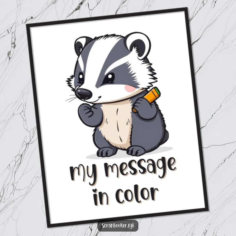 Funny poster of a determined badger writing with a bright crayon, celebrating artistic passion and creative drive.