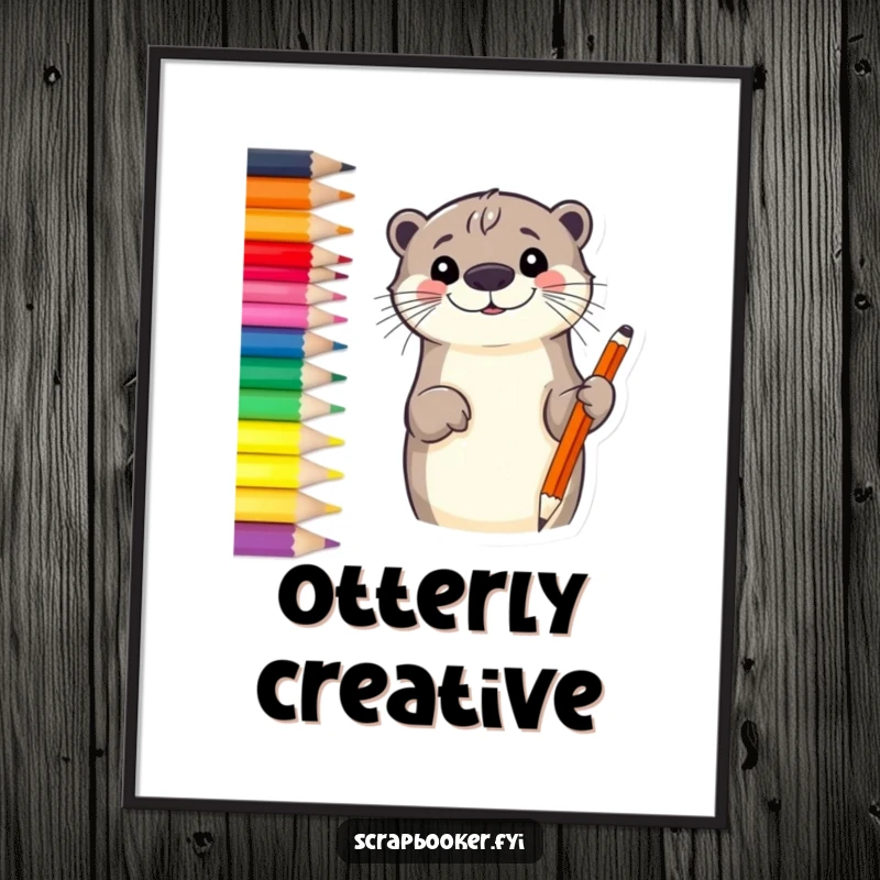 Funny otter poster featuring a smiling otter sketching a border with a vibrant colored pencil, adding artistic charm to decor.