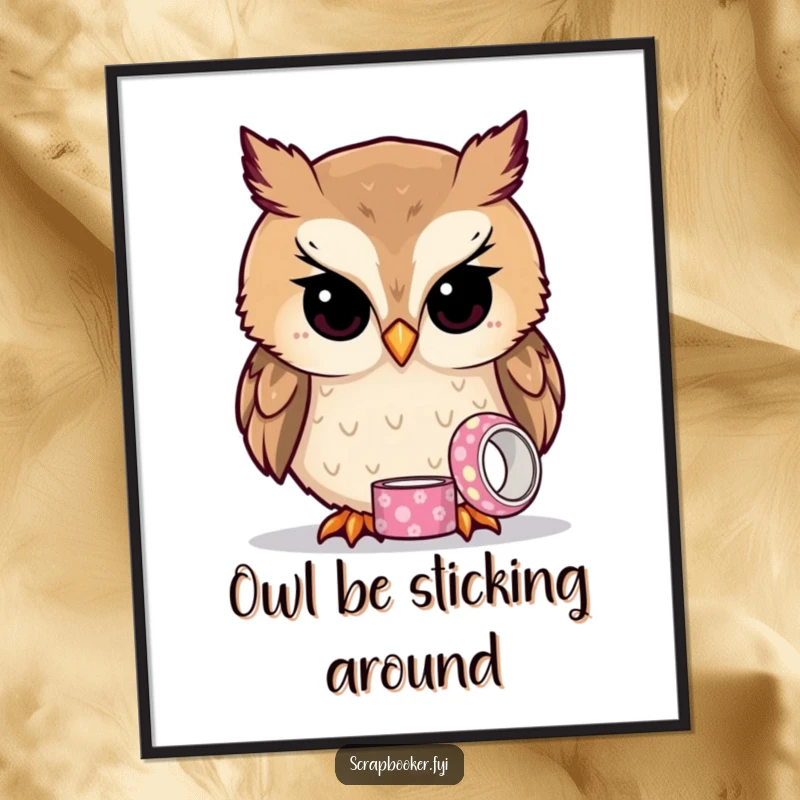Funny owl poster showing a curious owl examining a tiny roll of patterned tape, adding intellectual charm.