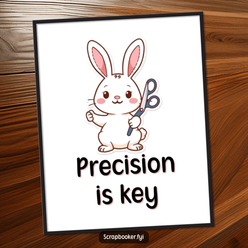 Funny Poster: Enthusiastic rabbit with large scissors joyfully cutting out various shapes, a whimsical piece of art for humor lovers.