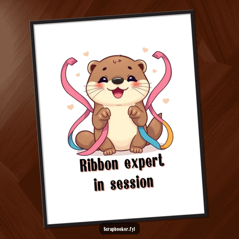 Funny Otter Poster: High-quality print of a happy otter meticulously organizing a rainbow of vibrant ribbons, a delightful art piece.