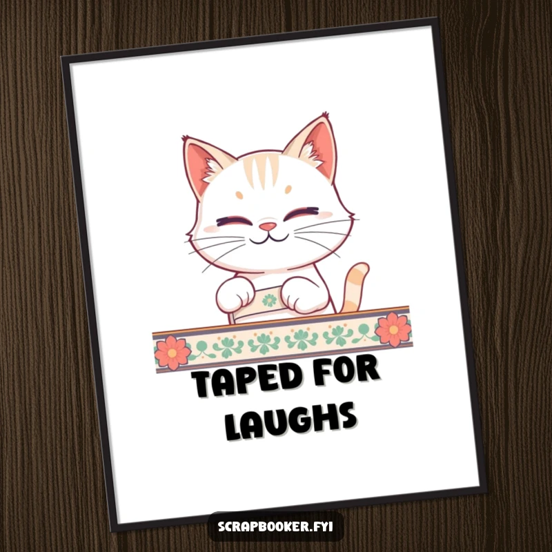 Funny cat tape poster showing a smirking cat peeling tape, great for wall art and as a funny gift.