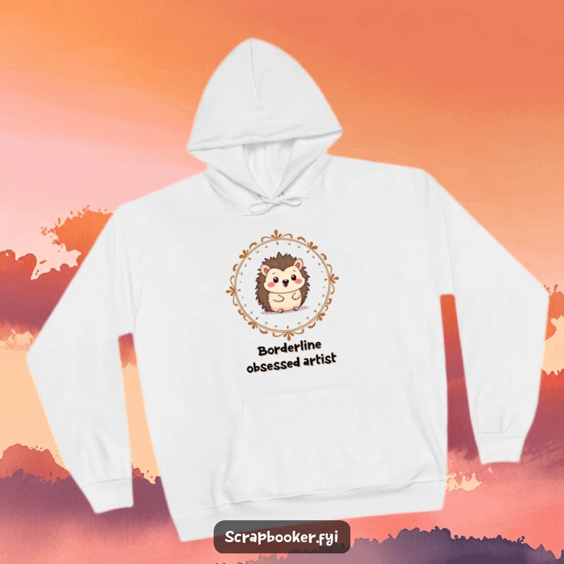 Funny hedgehog hoodie featuring a cheerful artist drawing a border, perfect for cozy creative vibes.