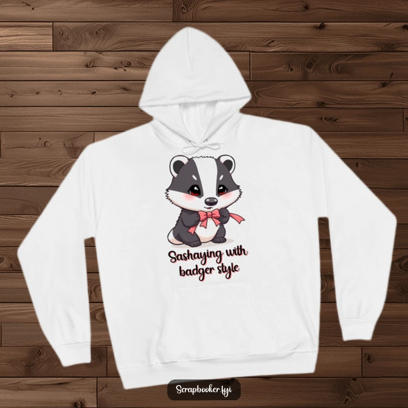 Funny hoodie featuring a determined badger carefully placing a ribbon accent, evoking a sense of intricate crafting.