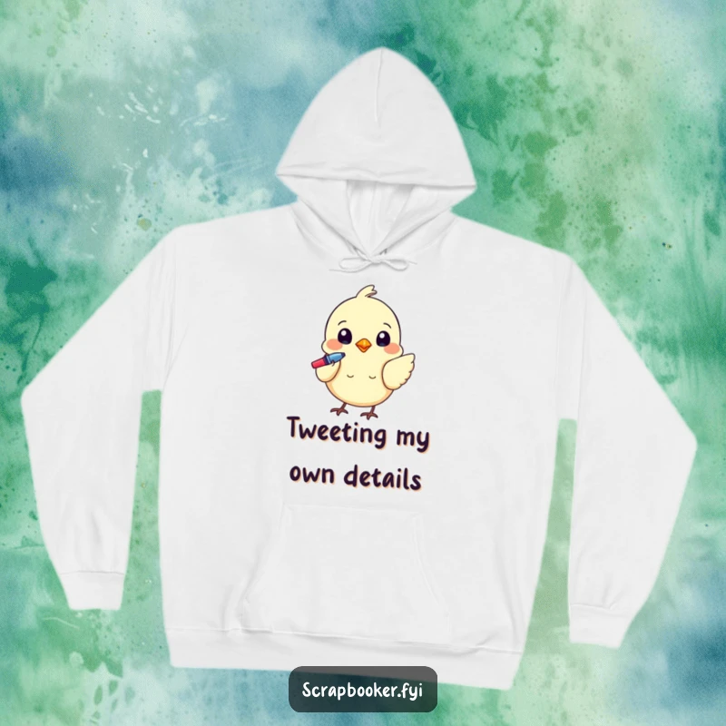 Funny hoodie with a tiny bird using a colorful pen to add intricate details, symbolizing artistic endeavor.