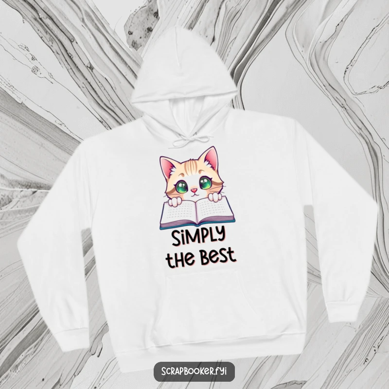 Funny Cat Hoodie: A cozy hoodie showcasing a curious cat peeking with wide, satisfied eyes at a completed page, ideal for book lovers.