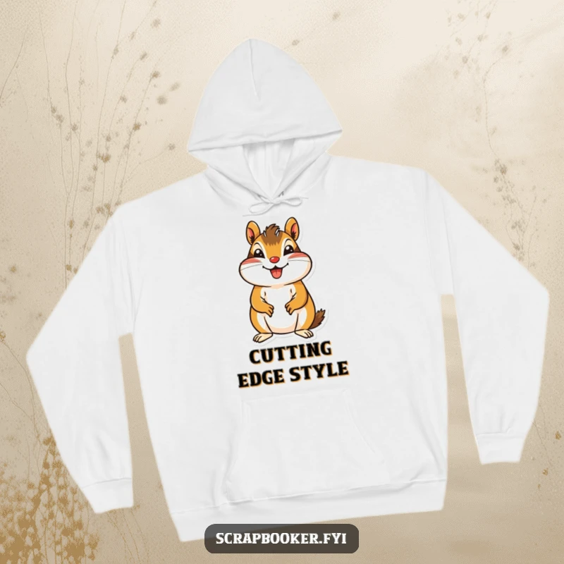 Funny Chipmunk Hoodie depicting a jovial chipmunk carefully cutting a patterned paper shape, ideal for cozy crafting.
