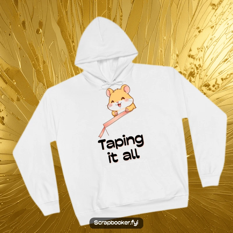 Funny hoodie showing a happy hamster carefully taping a ribbon along a page edge, ideal for organizers.