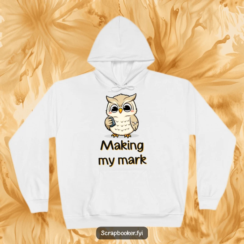Funny hoodie featuring a wise owl joyfully and precisely using a hole punch, embodying cheerful organization and attention to detail.