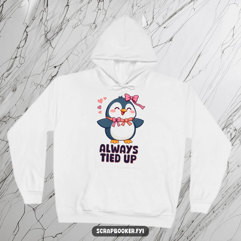 Funny penguin hoodie featuring a beaming character adding ribbons and bows, perfect for cozy festive vibes.