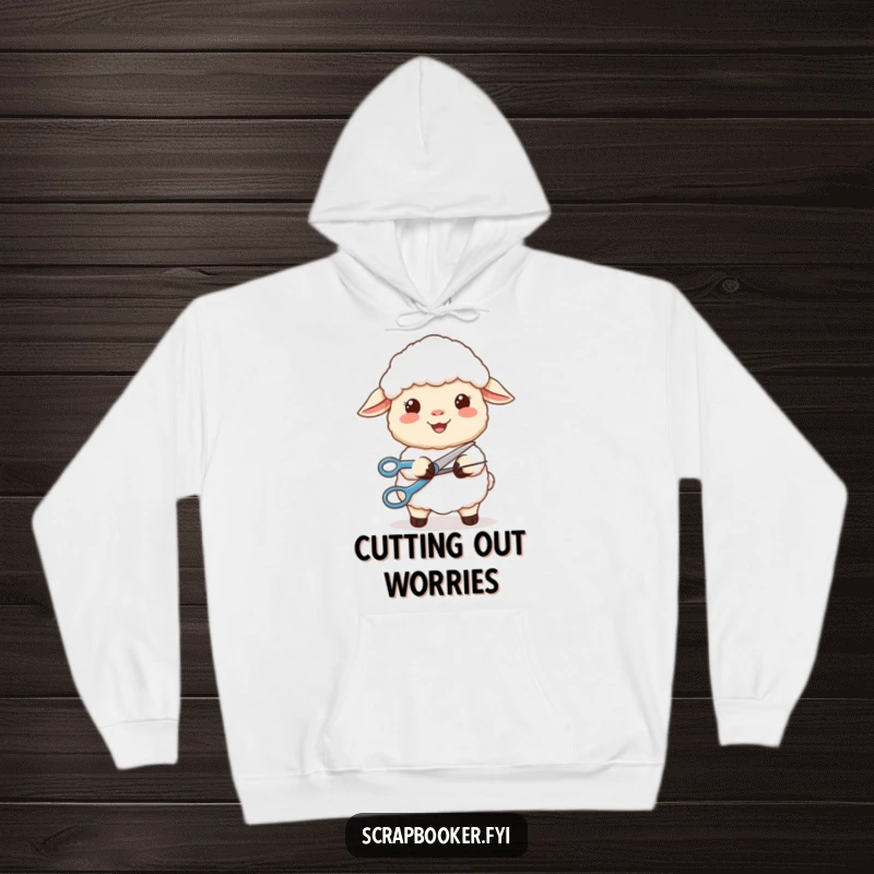 Funny hoodie with a content sheep smiling and precisely cutting a perfect curve using scissors, embodying calm creativity.