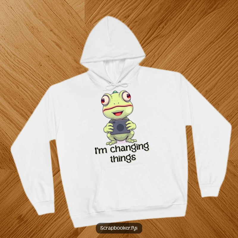 Funny chameleon hoodie shows a beaming chameleon placing a photograph, perfect for photographers and as a funny gift.