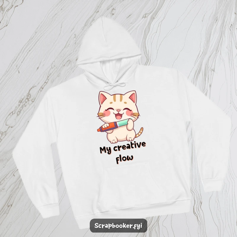 Funny Cat Hoodie: Adorable, happy cat enthusiastically using a glue stick, perfect for crafters, a warm and humorous apparel gift.