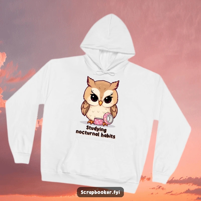 Funny owl hoodie showing a wise owl looking at patterned tape, perfect for cozy and intelligent wear.