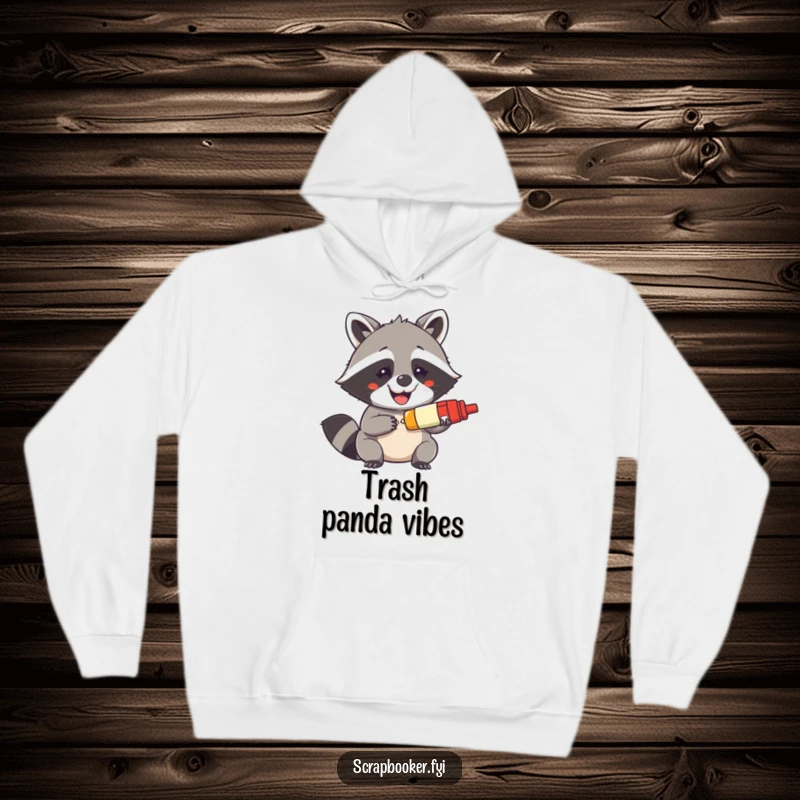 Funny hoodie with a mischievous raccoon grinning widely while using a glue stick, offering warmth and a crafty vibe.