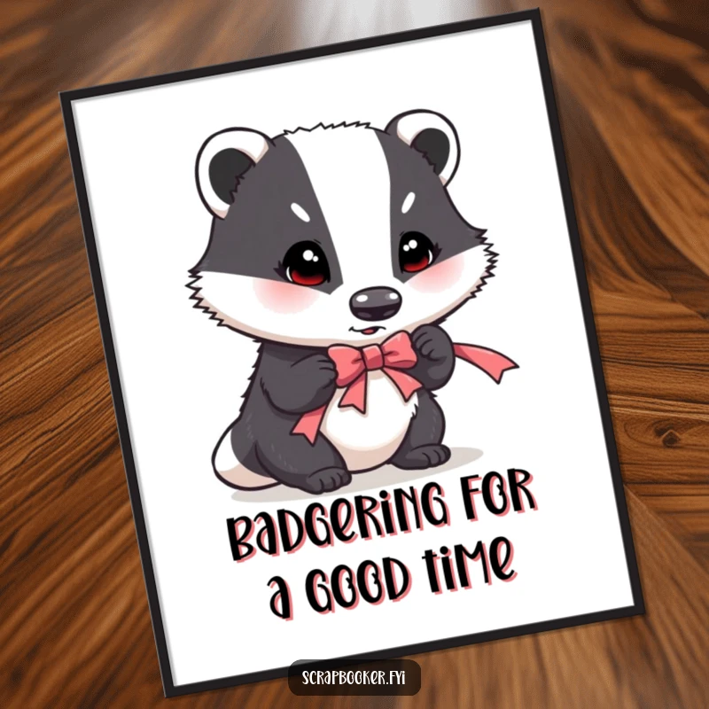 Funny Free Printable Wall Art: A determined badger intently places a ribbon, creating humorous DIY art for home decor.