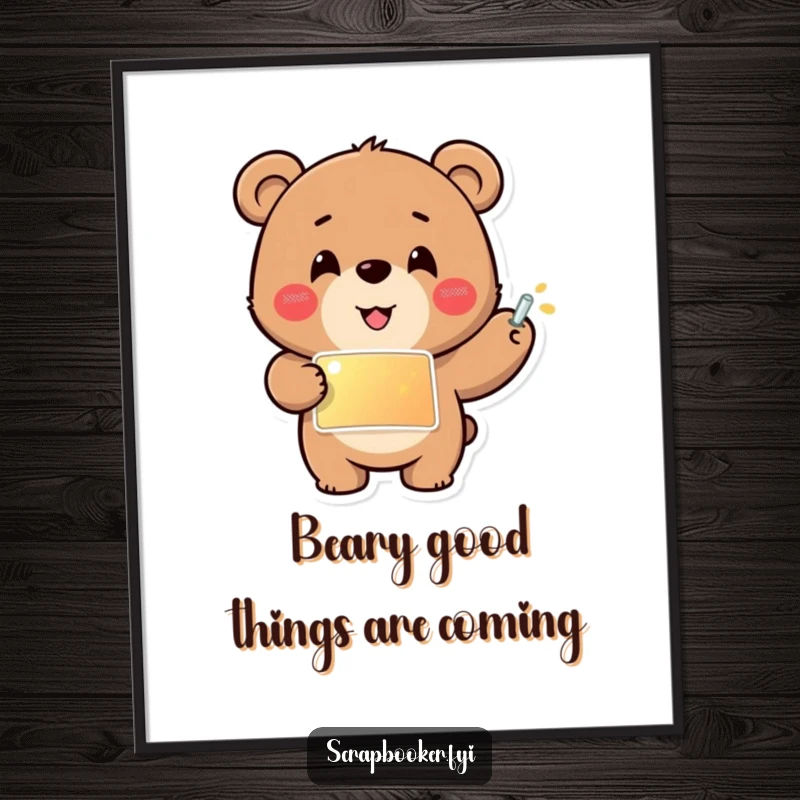 Funny Free Printable Wall Art showing a cheerful bear carefully gluing a shiny sticker, creating a playful scene.