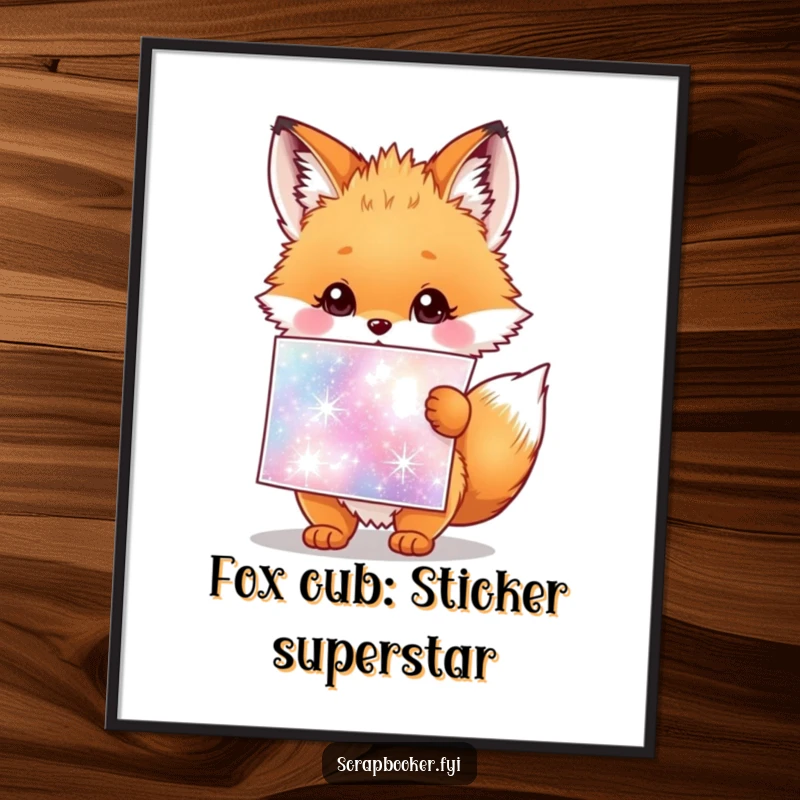 Cute Free Printable Fox Cub Wall Art: Fluffy fox cub holding a giant, sparkly sticker sheet, adding whimsical humor.
