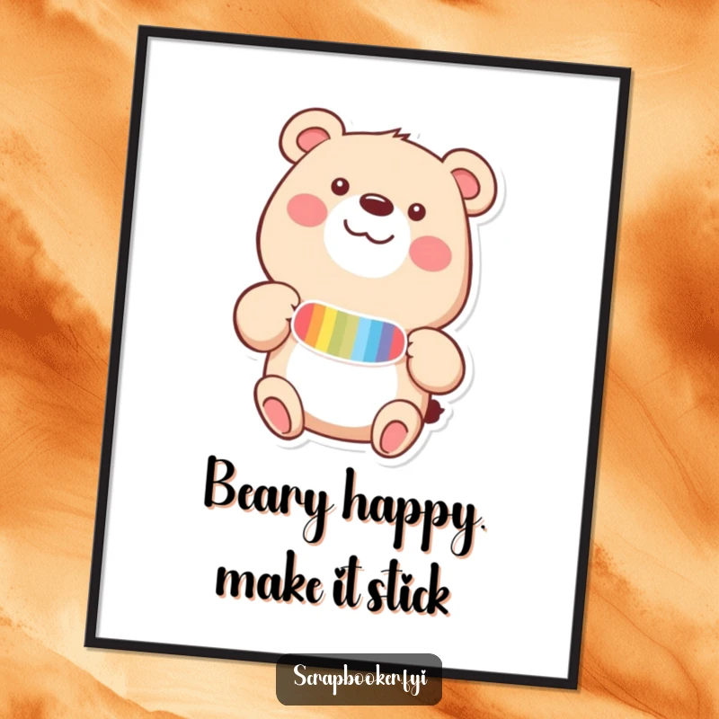 Funny Free Printable Wall Art: A happy bear adding a colorful sticker with great delight to a blank page.