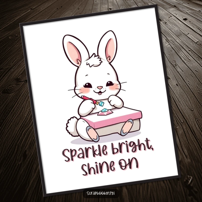 Funny Free Printable Wall Art: Playful bunny concentrating on gluing a sparkling gem onto a project, adding a touch of magic. Downloadable.