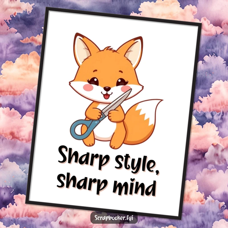 Funny Free Printable Wall Art: Cheerful fox enthusiastically cutting a shape with decorative scissors, bringing crafting joy to any room. Downloadable.