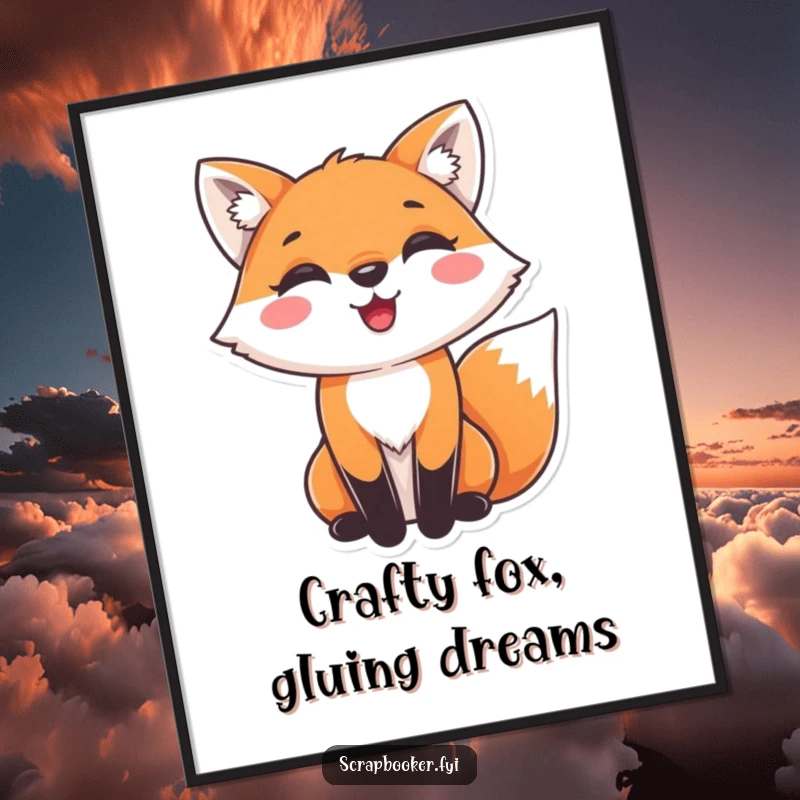 Funny free printable wall art of a fox with a delighted expression gluing decorative paper, a cheerful and creative downloadable art piece.