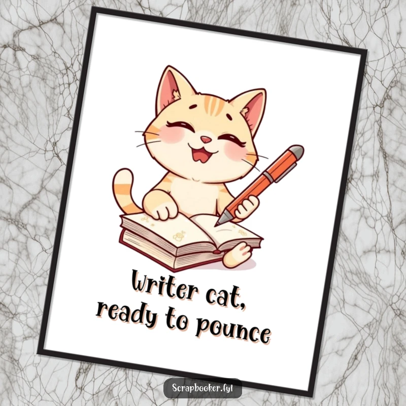 Funny Free Printable Wall Art: Giggling cat holding a pen, ready to write in a decorated journal, adding whimsy.