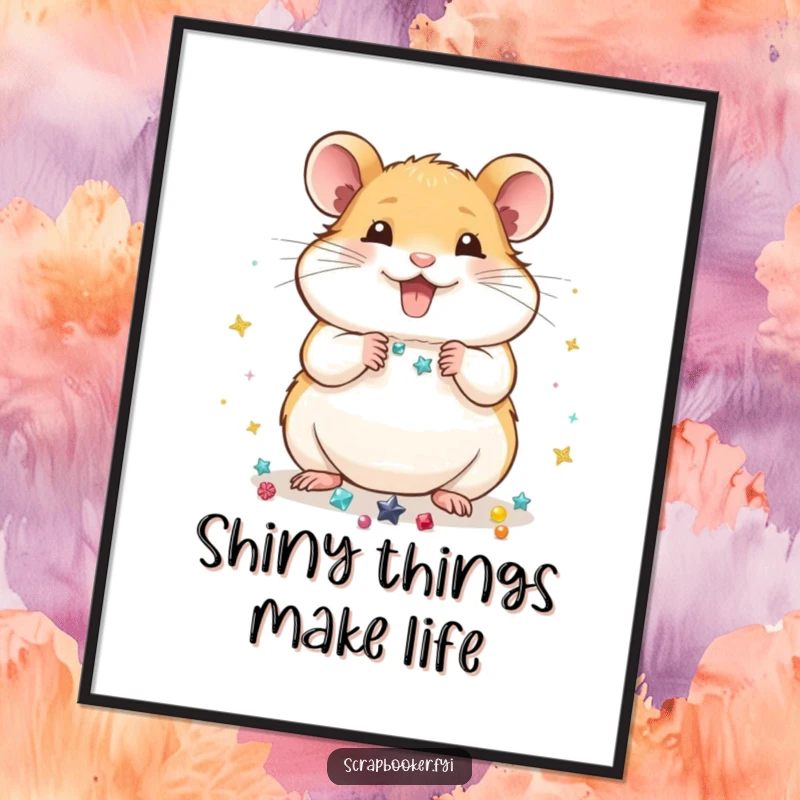 Funny Free Printable Wall Art: A small, cheerful hamster meticulously arranging shiny embellishments, adding a touch of whimsical charm to decor.